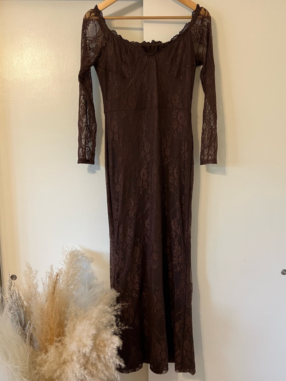 SHEIN Chocolate Brown Lace Long-Sleeve Maxi Dress